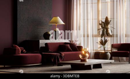 Un elegante interno japandi scuro e moody caratterizzato da mobili Bordeaux, illuminazione d'ambiente cinematografica e superfici testurizzate, che creano un ambiente tranquillo e allo stesso tempo suggestivo Foto Stock