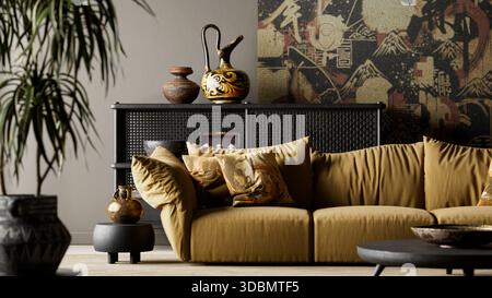 Il design minimalista e le texture organiche definiscono questo interno japandi scuro e dai colori vivaci, in cui il contrasto audace e l'illuminazione controllata donano tranquillità al lusso e al conte Foto Stock