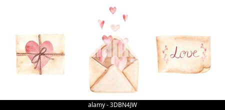 Vecchie lettere d'amore d'epoca con cuori rosa e parole D'AMORE. Illustrazione ad acquerello disegnata a mano isolata su sfondo bianco. Perfetto per Valentine Foto Stock
