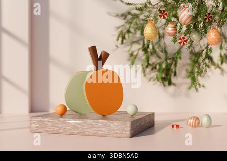 Due pagaie da ping pong e palle esposte con uova di Pasqua e verde in luce soffusa. rendering 3d. Foto Stock