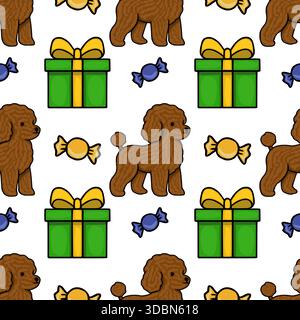 Un affascinante motivo vettoriale senza cuciture caratterizzato da adorabili barboncini marroni, vivaci scatole regalo verdi con archi gialli e caramelle colorate su un bianco pulito Illustrazione Vettoriale
