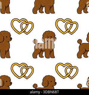 Affascinante motivo vettoriale senza cuciture caratterizzato da giocosi barboncini marroni e cuori dorati intrecciati su uno sfondo bianco pulito, ideale per giocose e. Illustrazione Vettoriale
