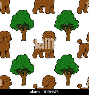 Incantevoli cani castani e alberi verdi stilizzati in un motivo vettoriale continuo, perfetti per sfondi giocosi. Illustrazione Vettoriale