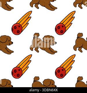 Stravagante motivo vettoriale con giocosi barboncini marroni che incontrano una pioggia di meteoriti ardenti. Illustrazione Vettoriale