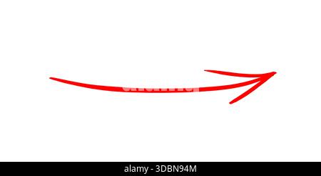 Freccia rossa tracciata a mano isolata su sfondo bianco. Traccia marcatore curvo stilizzata per evidenziare testo, note, numeri, loghi, disegnati a mano Foto Stock