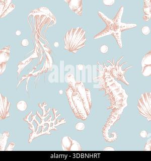 Motivo senza cuciture con meduse, cavallucci marini, conchiglie, barriera corallina e stelle marine disegnate a mano. Sfondo di vita marina per tema oceano. Bellissime creature marine Illustrazione Vettoriale