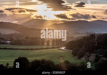 Il tramonto spettacolare proietta raggi d'oro sulle colline ondulate e su una tortuosa strada rurale a Tweeddale, Scozia. Foto Stock