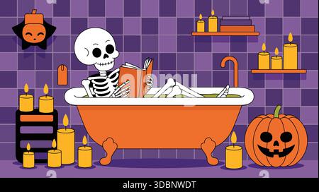 Rilassamento dello scheletro in una vasca da bagno a tema halloween Illustrazione Vettoriale