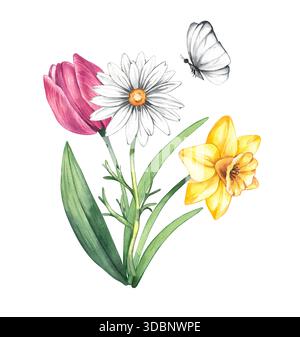 Bouquet di fiori in fiore di Pasqua in primavera con acquerello Foto Stock