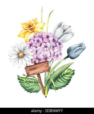 Bouquet di fiori in fiore di Pasqua in primavera con acquerello Foto Stock