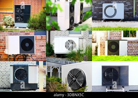 Pompe di calore diverse di fronte a edifici residenziali, fotomontaggio Foto Stock