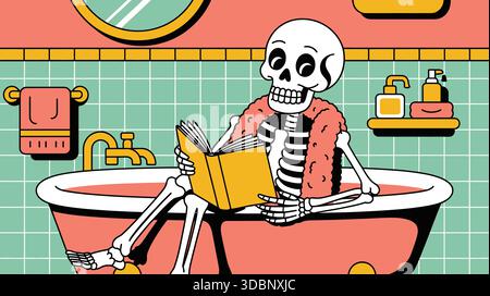 Rilassamento dello scheletro nella vasca da bagno con libro Illustrazione Vettoriale