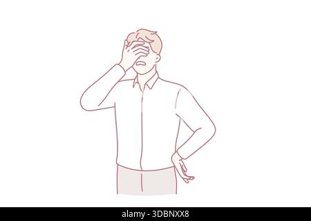 Sensazione di stress e sonnolenza. Giovane uomo personaggio cartoon in piedi coprendo il viso con le mani che si sentono esausti al lavoro illustrazione vettoriale Illustrazione Vettoriale