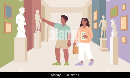 Coppia che esplora la galleria d'arte Illustrazione Vettoriale