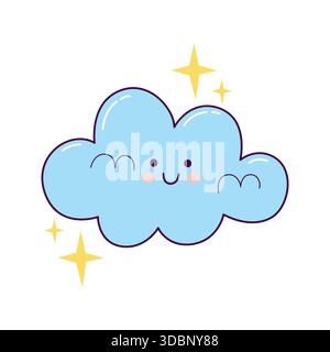 Graziosa illustrazione con nuvole sorridenti con stelle scintillanti in stile disegnato a mano Illustrazione Vettoriale