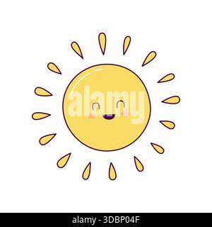 Bella illustrazione del sole sorridente in stile kawaii disegnato a mano Illustrazione Vettoriale