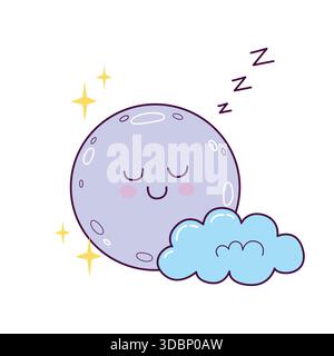 Luna dormiente carina con illustrazione a nuvola in stile disegnato a mano Illustrazione Vettoriale