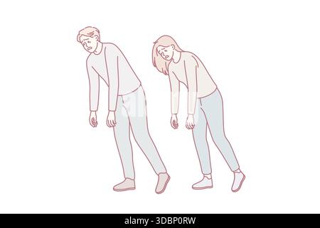 Stanchezza e concetto di esaurimento comune. Uomo e donna giovani che camminano con le mani giù ritenendo stanco illustrazione vettoriale dello zombie Illustrazione Vettoriale