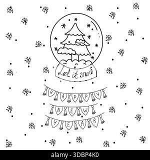 Illustrazione in stile doodle con Snow Globe e Happy New Year Title Illustrazione Vettoriale