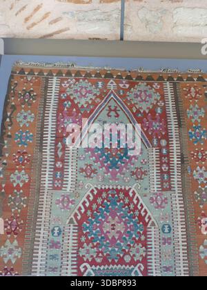ISTANBUL - 24 settembre 2024 - tradizionale tappeto turco fatto a mano che espone un'accattivante gamma di intricati motivi geometrici, mostrando ricchi personaggi culturali Foto Stock