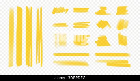 Sottolineature e segni gialli. Linee di evidenziazione tracciate a mano isolate su sfondo semi-trasparente Illustrazione Vettoriale