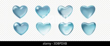 Vetro 3d trasparente, cuori d'acqua. Set di gocce blu a forma di cuore vettoriale Illustrazione Vettoriale