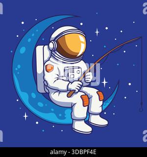 Illustrazione vettoriale della pesca astronauta sedersi sulla Luna in thick Line Illustrazione Vettoriale