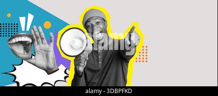 Creative Collage con un giovane coinvolgente che parla con entusiasmo Foto Stock