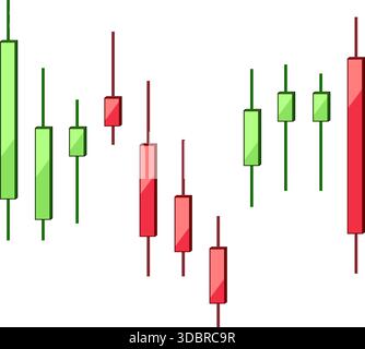Grafico Candlestick che mostra le fluttuazioni di negoziazione del mercato azionario Illustrazione Vettoriale