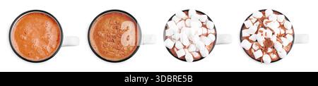 Gustosa cioccolata calda con marshmallow e scaglie di cioccolato in tazza isolata su bianco, raccolta. Vista dall'alto Foto Stock