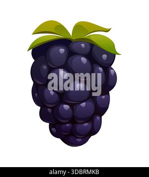 Bacca matura cartoni animati, frutti di mora isolati con foglie verdi. Cibo vettoriale fresco, naturale, crudo per cucina, salute e alimentazione sana. Dolce giardino o bosco di frutti di bosco, lampone nero, succoso dessert Illustrazione Vettoriale