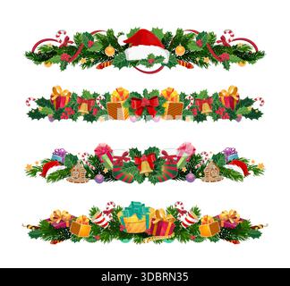 Decorazioni con divisorio di pino natalizio con regali natalizi, campane, palle, bastoncini di caramelle e bacche di agnello. Gli elementi vettoriali includono rami di pino festoso, cappello di Babbo Natale, biscotti, vischio e poinsettia Illustrazione Vettoriale