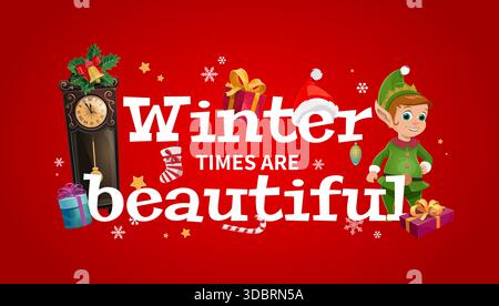 Il biglietto d'auguri di Natale con i periodi invernali è una bella citazione. Biglietto di Natale rosso vettoriale con allegro personaggio elfo, orologio, regali, cappello di Babbo Natale, fiocchi di neve, decorazioni con stelle, campanella e punta Illustrazione Vettoriale