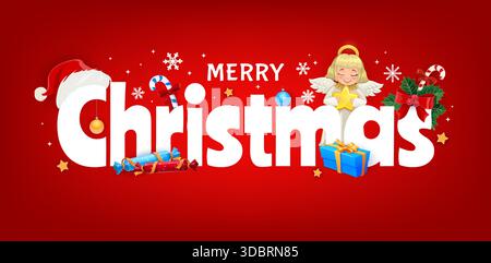 Buon biglietto di auguri natalizi con angelo carino, canna da zucchero, cappello di Babbo Natale, ornamenti di pino e confezione regalo blu. Punta verde rossa e fiocchi di neve bianchi su cartolina vettoriale per le vacanze invernali Illustrazione Vettoriale