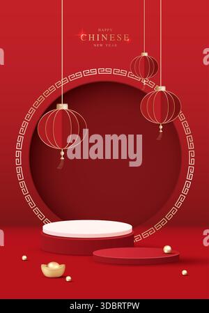 Palco sul podio in stile cinese per il capodanno cinese e i festival di metà autunno con sfondo rosso. modella il palco con lanterne festose. Illustrazione Vettoriale