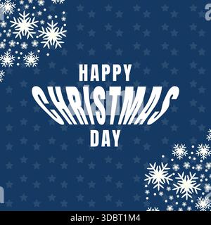 Banner vettoriale buon Natale con testo deformato bianco e decorazioni a stelle di fiocchi di neve su sfondo blu per un allegro biglietto di auguri natalizi Illustrazione Vettoriale