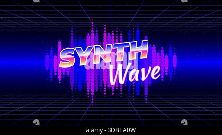 Sfondo astratto retrò futuristico. Poster in stile anni '80 Synthwave. Modello musicale. Triangolo al neon, griglia laser 3d, forma d'onda del segnale audio. Reticolo, mesh Illustrazione Vettoriale
