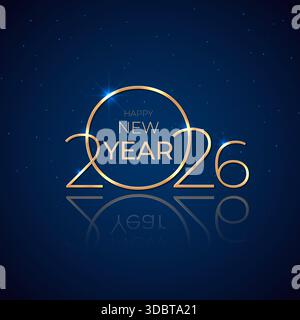 Felice anno nuovo 2026, 26. Biglietto d'auguri per le festività. Dorato lucido 2026 su sfondo blu scuro. Invito al design del nuovo anno, calendario, biglietto d'auguri. Oro Illustrazione Vettoriale