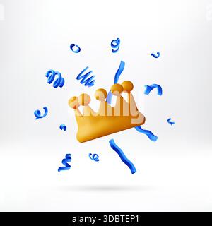 Corona dorata in 3D con coriandoli blu Illustrazione Vettoriale