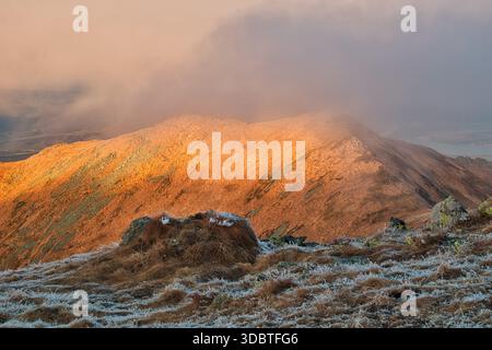 Vista di una dorata cresta di montagna baciata da una soffice e nebbiosa nuvola e dell'aspra erba in primo piano a Skalka, Nizke Tatry, regione di Banska Bystrica, Slovacchia. Foto Stock