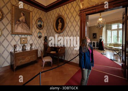 Sigmaringen, Germania - 09 settembre 2025: Veduta degli interni ornati del castello di Hohenzollernschloss, dove i ritratti ammirano le pareti a motivi geometrici, come un visito Foto Stock