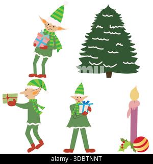 Allegro personaggio natalizio con icone di alberi e candele; incastonato con allegri elfi di Natale, ornamento di candele e albero con icone isolate dalla neve Illustrazione Vettoriale