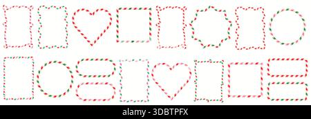 Cornici vettoriali di canna da zucchero con forme diverse, bordi quadrati, circolari, cuori e coquette ondulata per i disegni di Natale e San Valentino Illustrazione Vettoriale