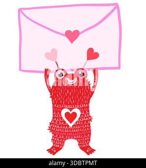 Simpatico e divertente mostro vettoriale rosso che regge una busta con un cuore e una stupida illustrazione di un animale Illustrazione Vettoriale