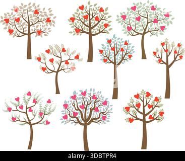 Alberi vettoriali con fogliame e cuori rosa e rosso per il saluto di disegni e prodotti Illustrazione Vettoriale