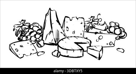 Composizione vettoriale di vari formaggi e uve. Formaggio svizzero con fori, Camembert morbido, Parmigiano, Brie, Gouda, e Cheddar. Un abbinamento di vini. Imita un rapido disegno con inchiostro e pennello. Illustrazione Vettoriale