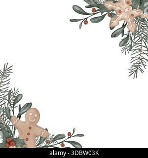 Illustrazione ad acquerello con cornice quadrata con rami di pino e abete. Cartolina per agrumi e bacche rosse e biscotti dolci al pan di zenzero. Disegnato a mano nuovo Foto Stock