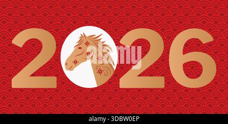 Biglietto di auguri per il Capodanno 2026 cinese con Golden Horse, sfondo ornamentale rosso e illustrazione festosa in stile asiatico. Illustrazione Vettoriale