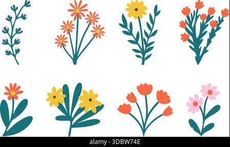 Set floreale vettoriale a fiori selvatici disegnato a mano in primavera estate Illustrazione Vettoriale