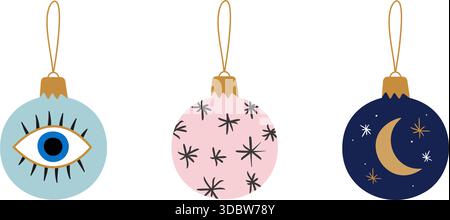 Ornamenti natalizi mistici con Evil Eyes, Moon and Stars Vector Illustration Set Illustrazione Vettoriale